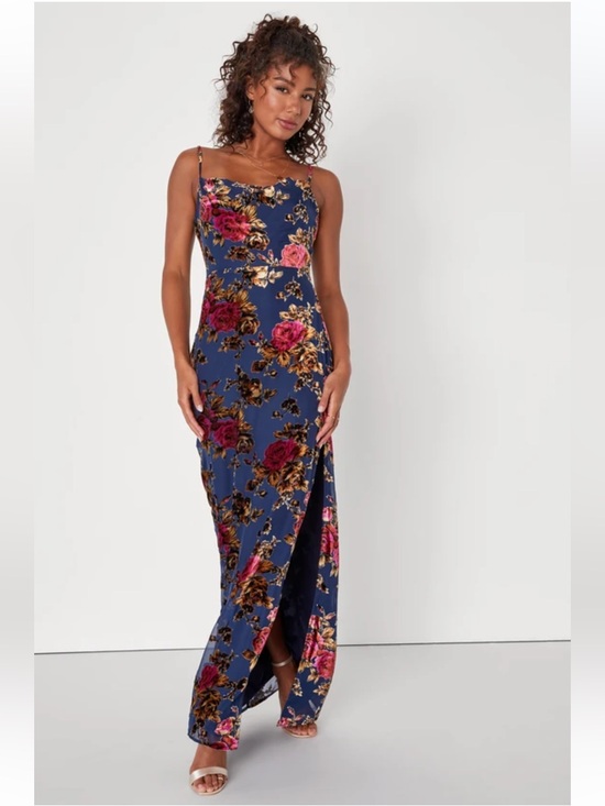 Lulus Dresses & Skirts - NWT Lulus Chic Romantic Navy Blue Burnout Velvet Floral Cowl Neck Dress